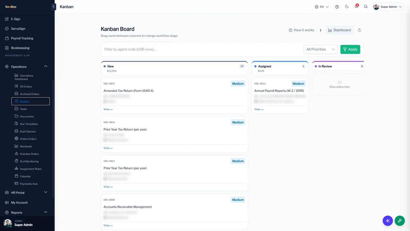 Tax work moving across a kanban board
