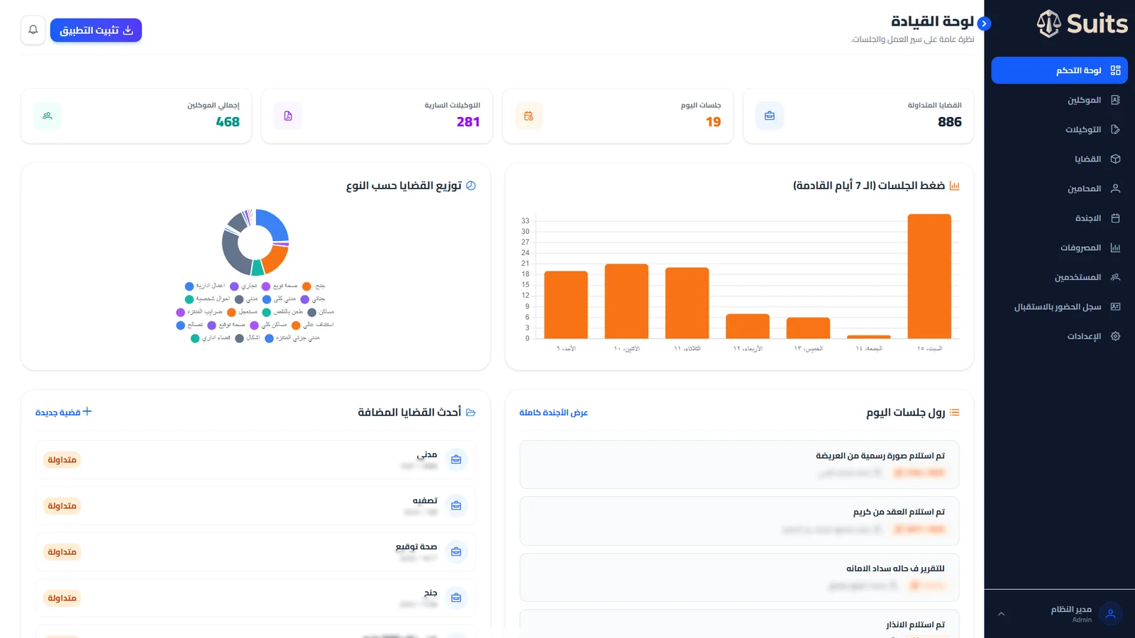 The office system dashboard: caseload, hearings today and outstanding balances